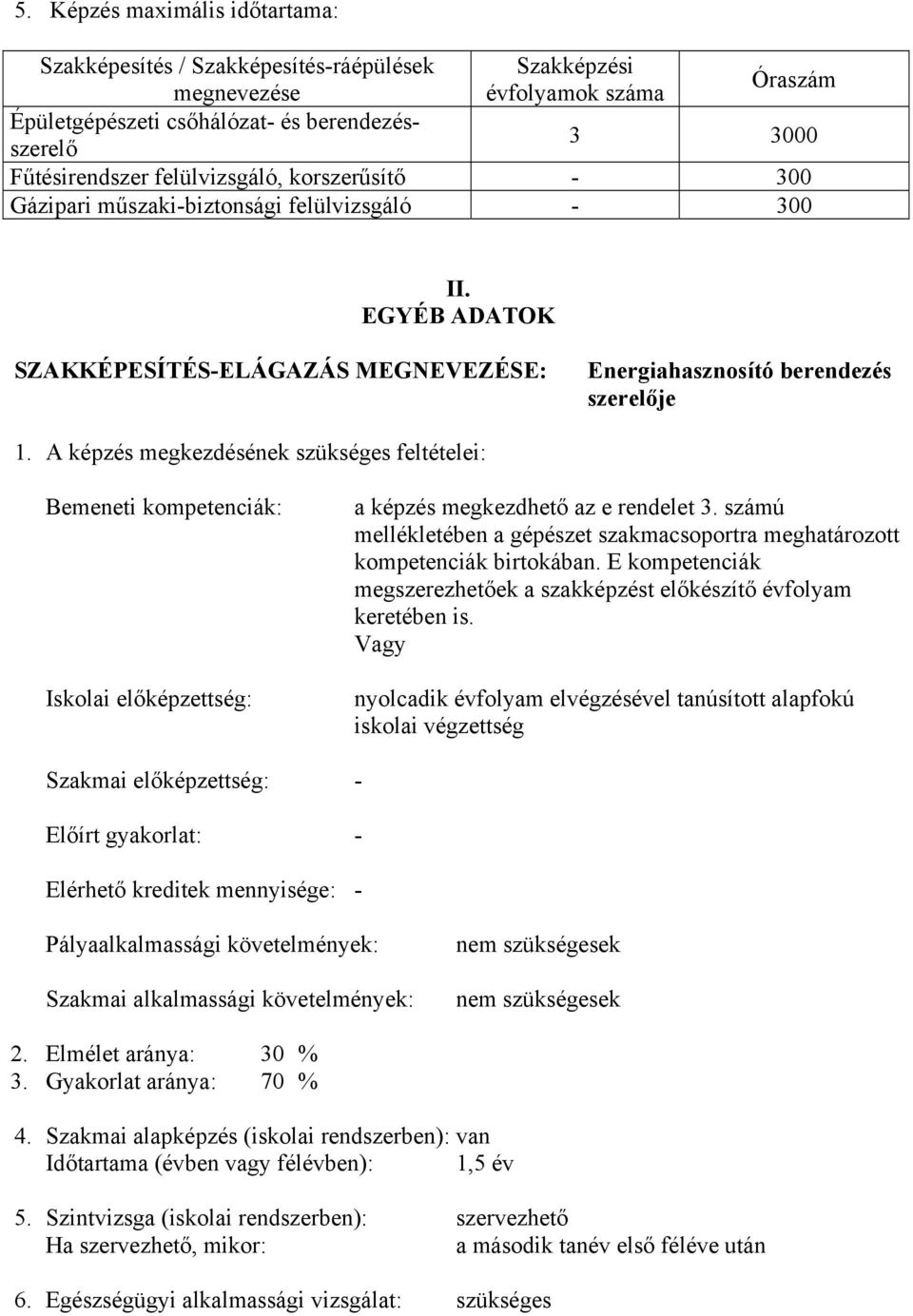 A képzés megkezdésének szükséges feltételei: Bemeneti kompetenciák: Iskolai előképzettség: a képzés megkezdhető az e rendelet 3.