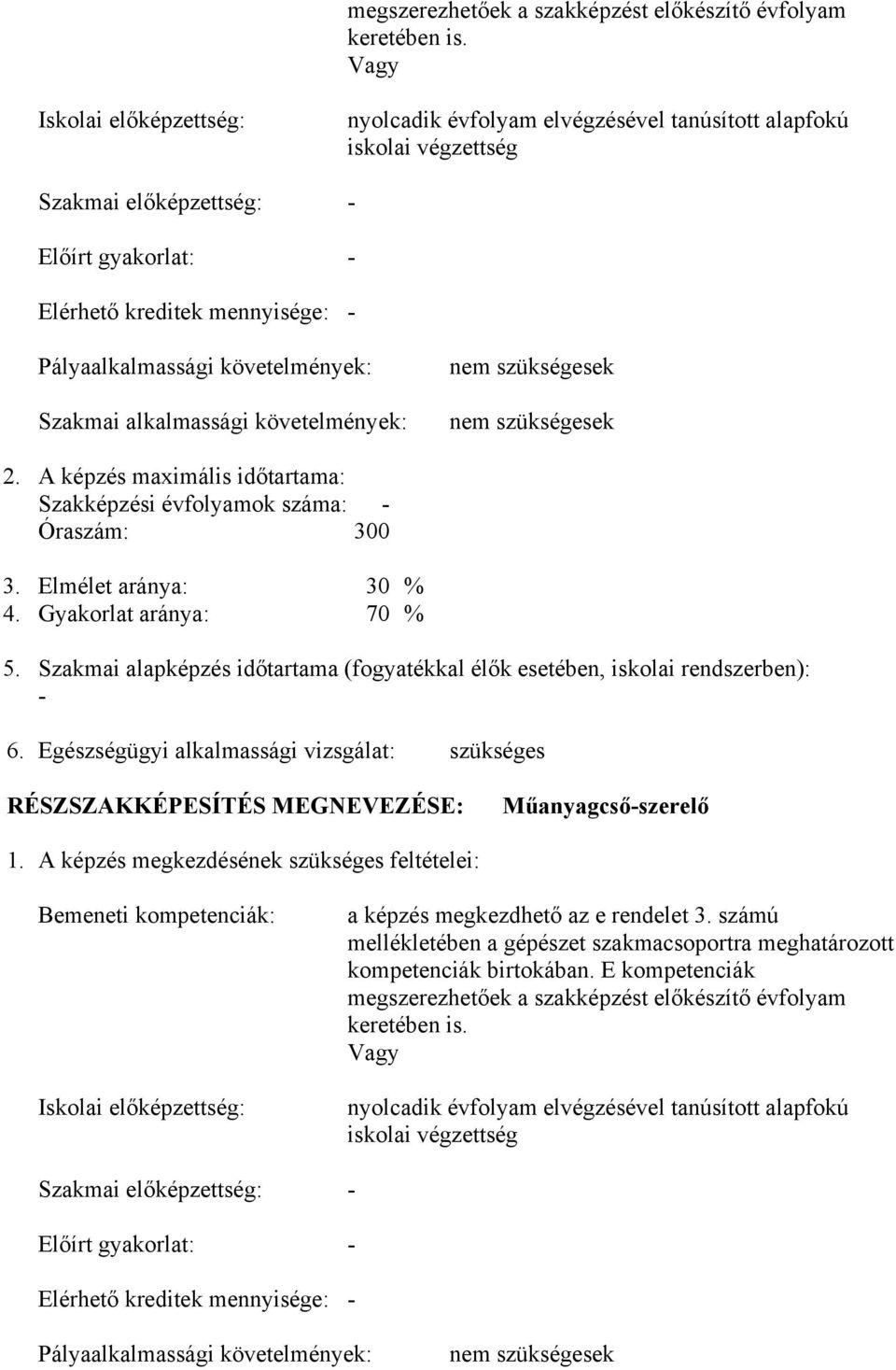 követelmények: Szakmai alkalmassági követelmények: nem szükségesek nem szükségesek 2. A képzés maximális időtartama: Szakképzési évfolyamok száma: - Óraszám: 300 3. Elmélet aránya: 30 % 4.