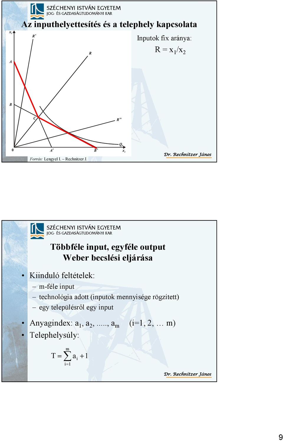 Rechnitzer ános Többféle input, egyféle output Weber becslési eljárása Kiinduló feltételek: m-féle