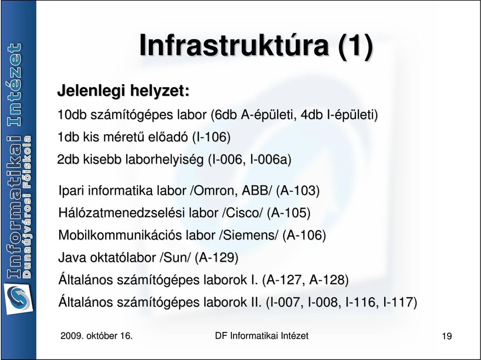 Hálózatmenedzselési si labor /Cisco/ (A-105) Mobilkommunikáci ciós s labor /Siemens/ (A-106) Java oktatólabor /Sun/