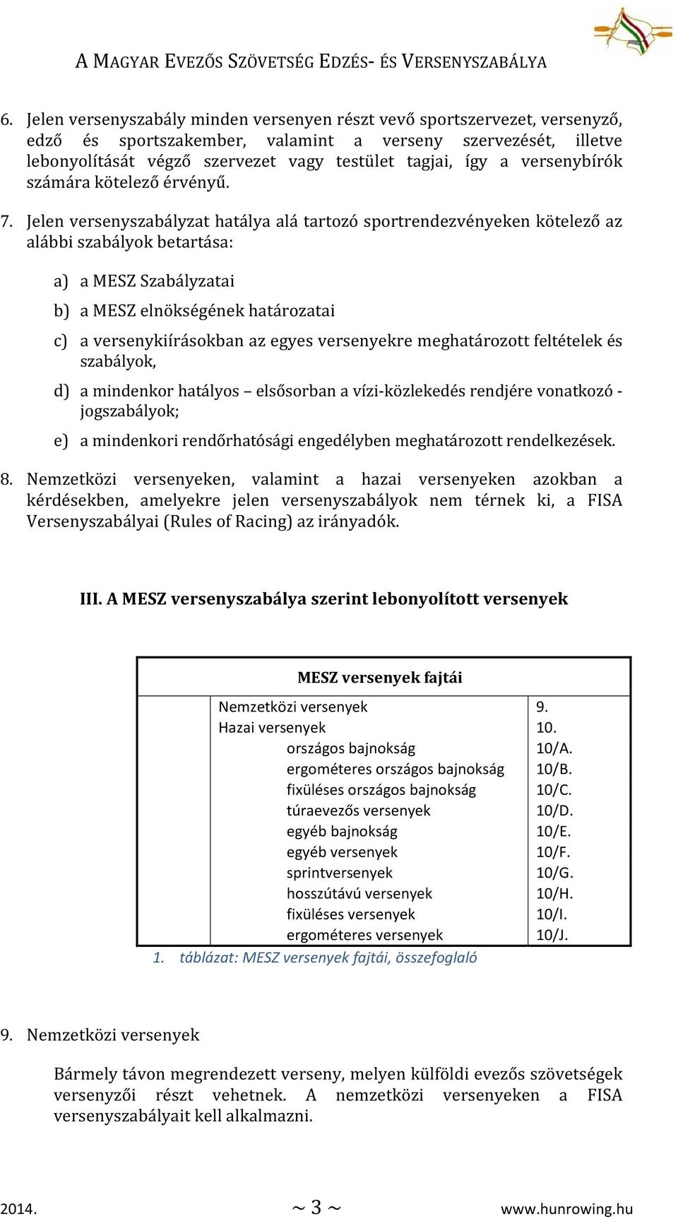 Jelen versenyszabályzat hatálya alá tartozó sportrendezvényeken kötelező az alábbi szabályok betartása: a) a MESZ Szabályzatai b) a MESZ elnökségének határozatai c) a versenykiírásokban az egyes