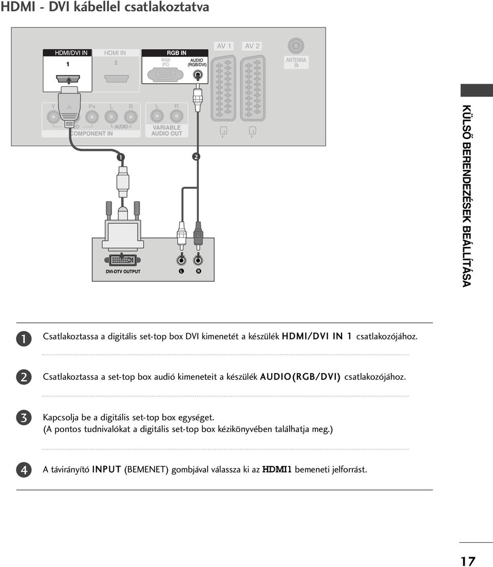 Csatlakoztassa a set-top box audió kimeneteit a készülék AUDIO( RB/ DVI) csatlakozójához.