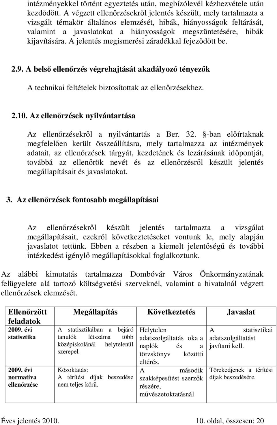 kijavítására. A jelentés megismerési záradékkal fejeződött be. 2.9. A belső ellenőrzés végrehajtását akadályozó tényezők A technikai feltételek biztosítottak az ellenőrzésekhez. 2.10.