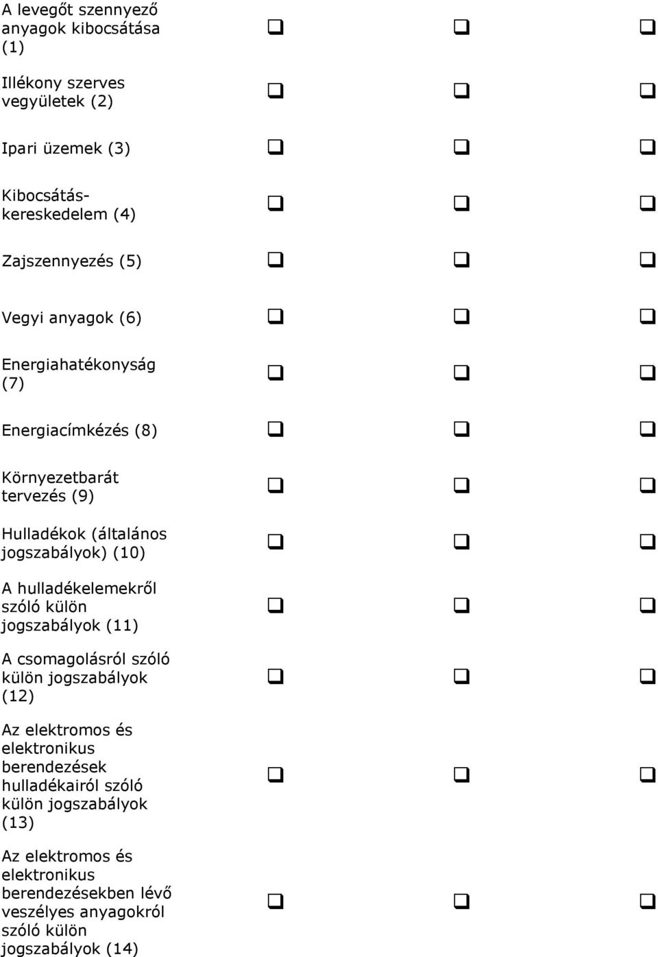 hulladékelemekről szóló külön jogszabályok (11) A csomagolásról szóló külön jogszabályok (12) Az elektromos és elektronikus berendezések