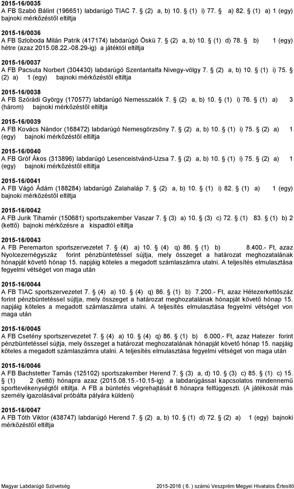 (2) a) 1 (egy) 2015-16/0038 A FB Szórádi György (170577) labdarúgó Nemesszalók 7. (2) a, b) 10. (1) i) 76. (1) a) 3 (három) 2015-16/0039 A FB Kovács Nándor (168472) labdarúgó Nemesgörzsöny 7.