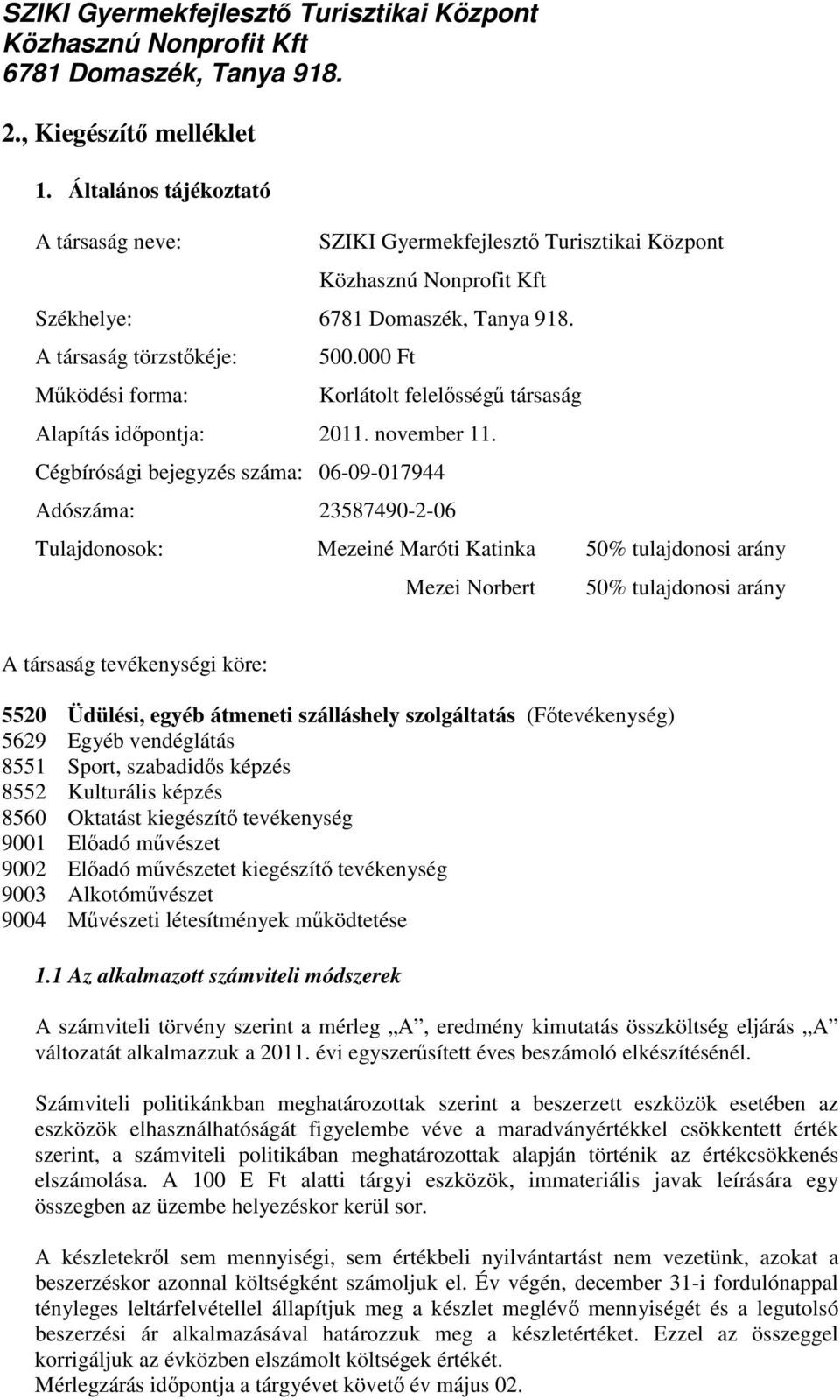 Cégbírósági bejegyzés száma: 06-09-017944 Adószáma: 23587490-2-06 Tulajdonosok: Mezeiné Maróti Katinka 50% tulajdonosi arány Mezei Norbert 50% tulajdonosi arány A társaság tevékenységi köre: 5520