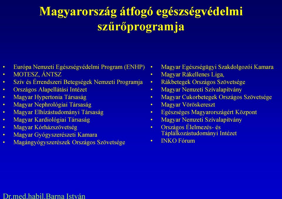 Gyógyszerészeti Kamara Magángyógyszerészek Országos Szövetsége Magyar Egészségügyi Szakdolgozói Kamara Magyar Rákellenes Liga, Rákbetegek Országos Szövetsége Magyar Nemzeti