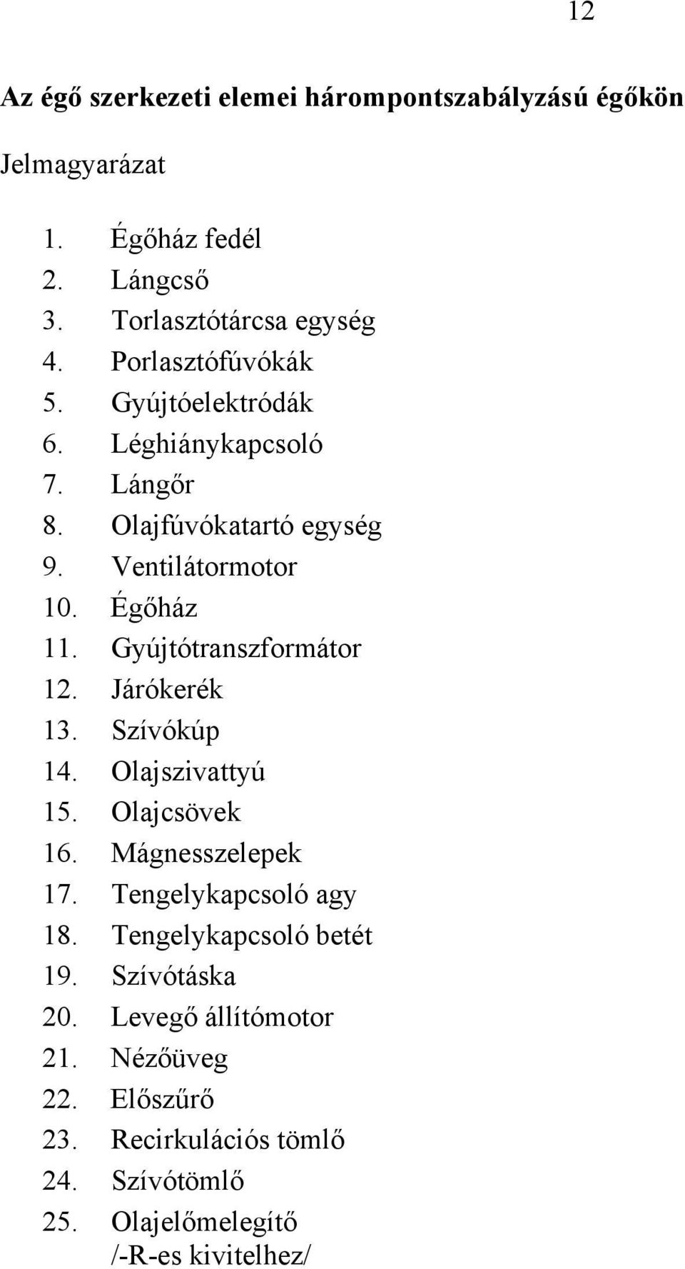 Gyújtótranszformátor 12. Járókerék 13. Szívókúp 14. Olajszivattyú 15. Olajcsövek 16. Mágnesszelepek 17. Tengelykapcsoló agy 18.