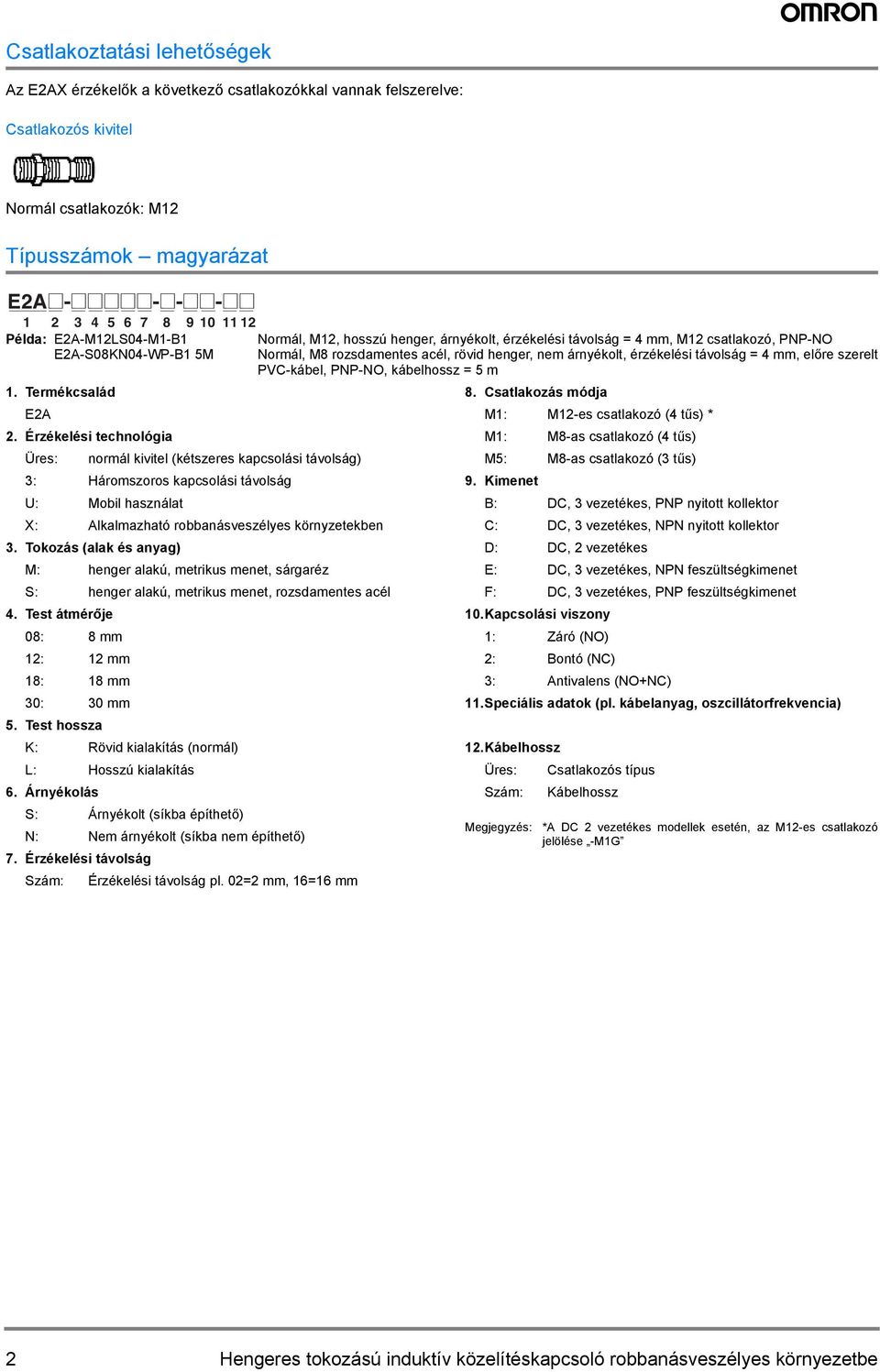 mm, előre szerelt PVC-kábel, PNP-NO, kábelhossz = 5 m. Termékcsalád 8. Csatlakozás módja E2A M: M2-es csatlakozó ( tűs) * 2.