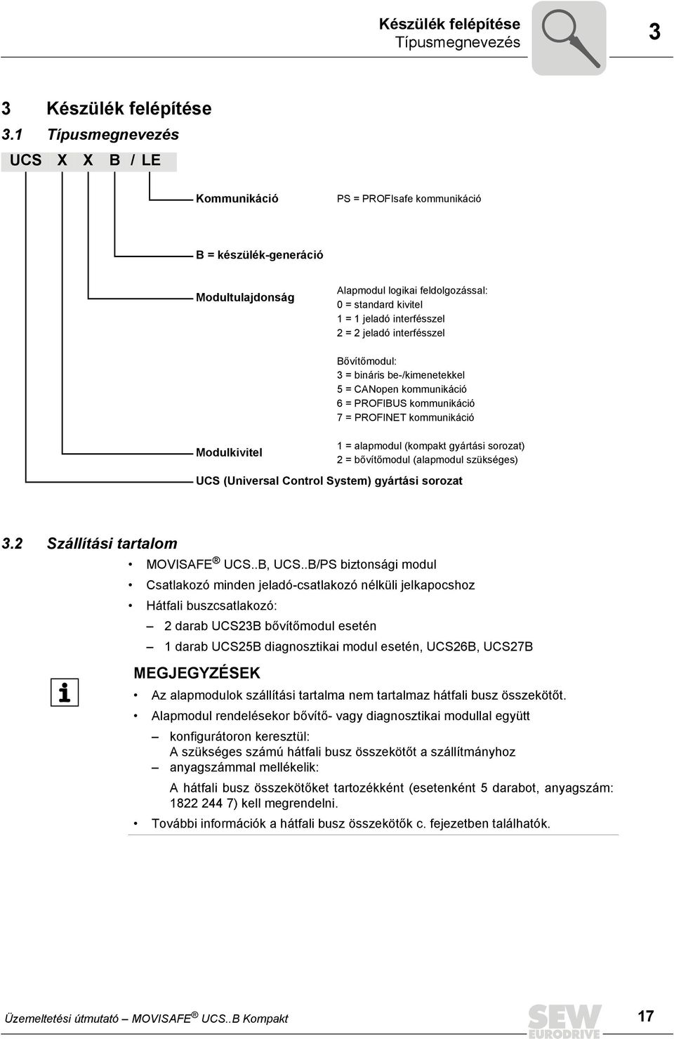 2 jeladó interfésszel Modulkivitel Bővítőmodul: 3 = bináris be-/kimenetekkel 5 = CANopen kommunikáció 6 = PROFIBUS kommunikáció 7 = PROFINET kommunikáció 1 = alapmodul (kompakt gyártási sorozat) 2 =