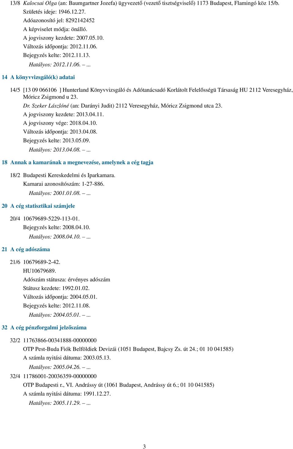 Dr. Szeker Lászlóné (an: Darányi Judit) 2112 Veresegyház, Móricz Zsigmond utca 23. A jogviszony kezdete: 2013.04.11. A jogviszony vége: 2018.04.10. Változás időpontja: 2013.04.08.