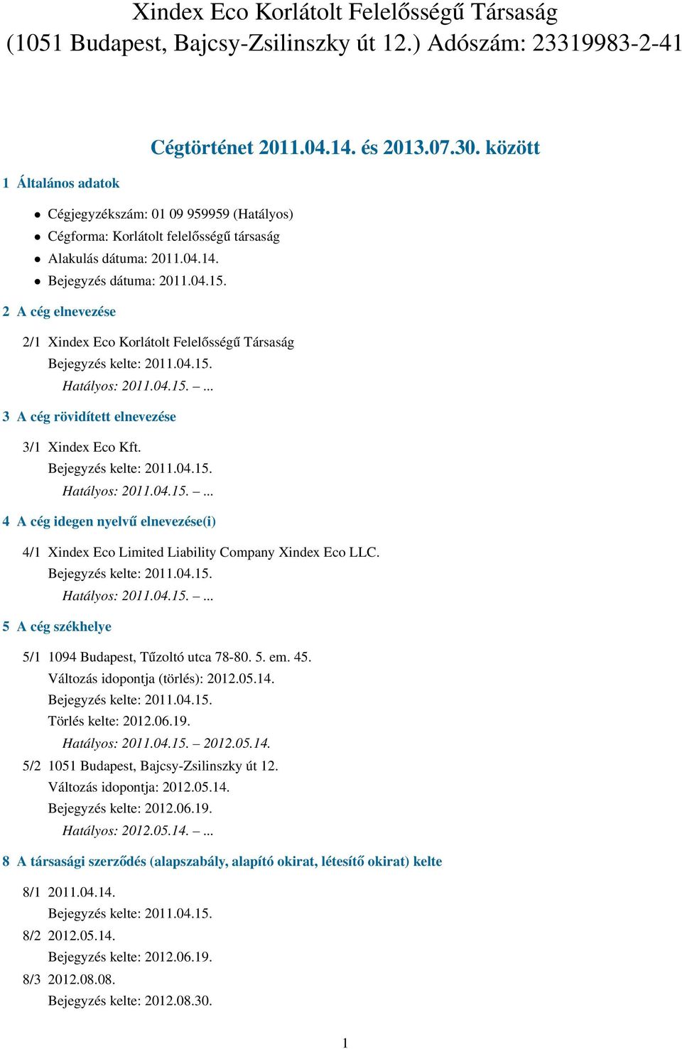 2 A cég elnevezése 2/1 Xindex Eco Korlátolt Felelősségű Társaság 3 A cég rövidített elnevezése 3/1 Xindex Eco Kft.