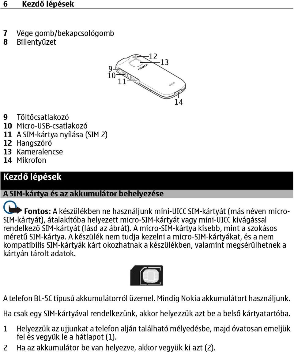 SIM-kártyát (lásd az ábrát). A micro-sim-kártya kisebb, mint a szokásos méretű SIM-kártya.