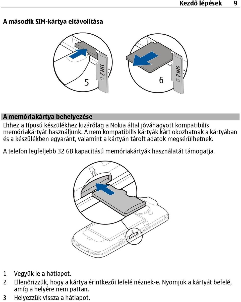 A nem kompatibilis kártyák kárt okozhatnak a kártyában és a készülékben egyaránt, valamint a kártyán tárolt adatok megsérülhetnek.