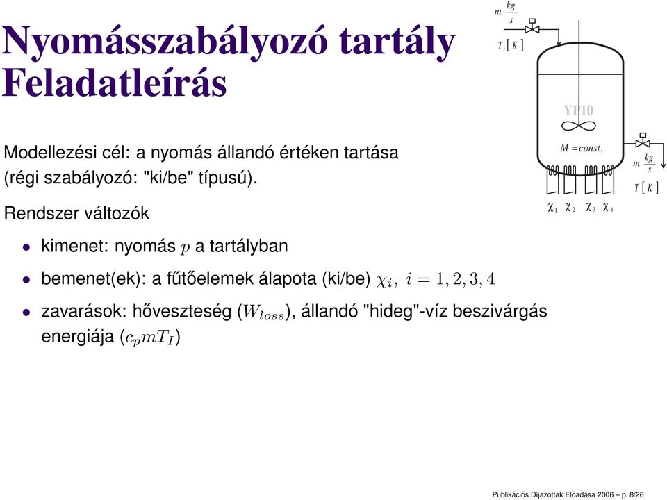 Rendszer változók kimenet: nyomás p a tartályban bemenet(ek): a fűtőelemek álapota (ki/be) χ i, i = 1, 2, 3, 4 χ 1