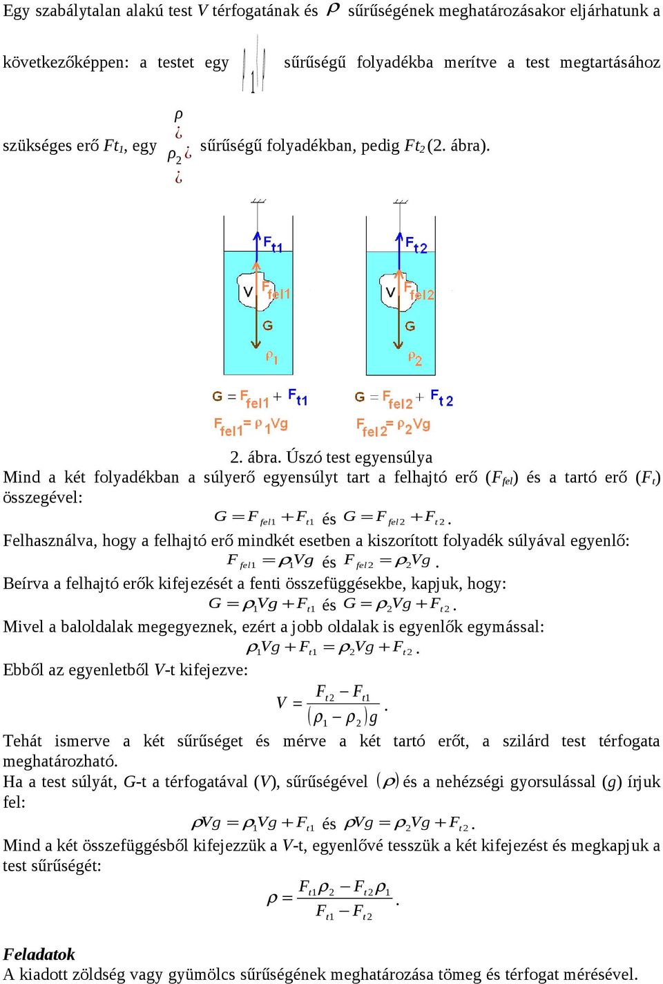 Felhsználv, hogy felhjtó erő indkét esetben kiszorított folydék súlyávl egyenlő: F fel Vg és F fel Vg. Beírv felhjtó erők kifejezését fenti összefüggésekbe, kpjuk, hogy: G Vg + Ft és G Vg + Ft.