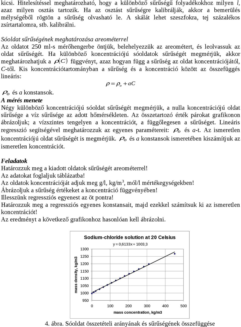 Sóoldt sűrűségének eghtározás reoéterrel Az oldtot 50 l-s érőhengerbe öntjük, belehelyezzük z reoétert, és leolvssuk z oldt sűrűségét.