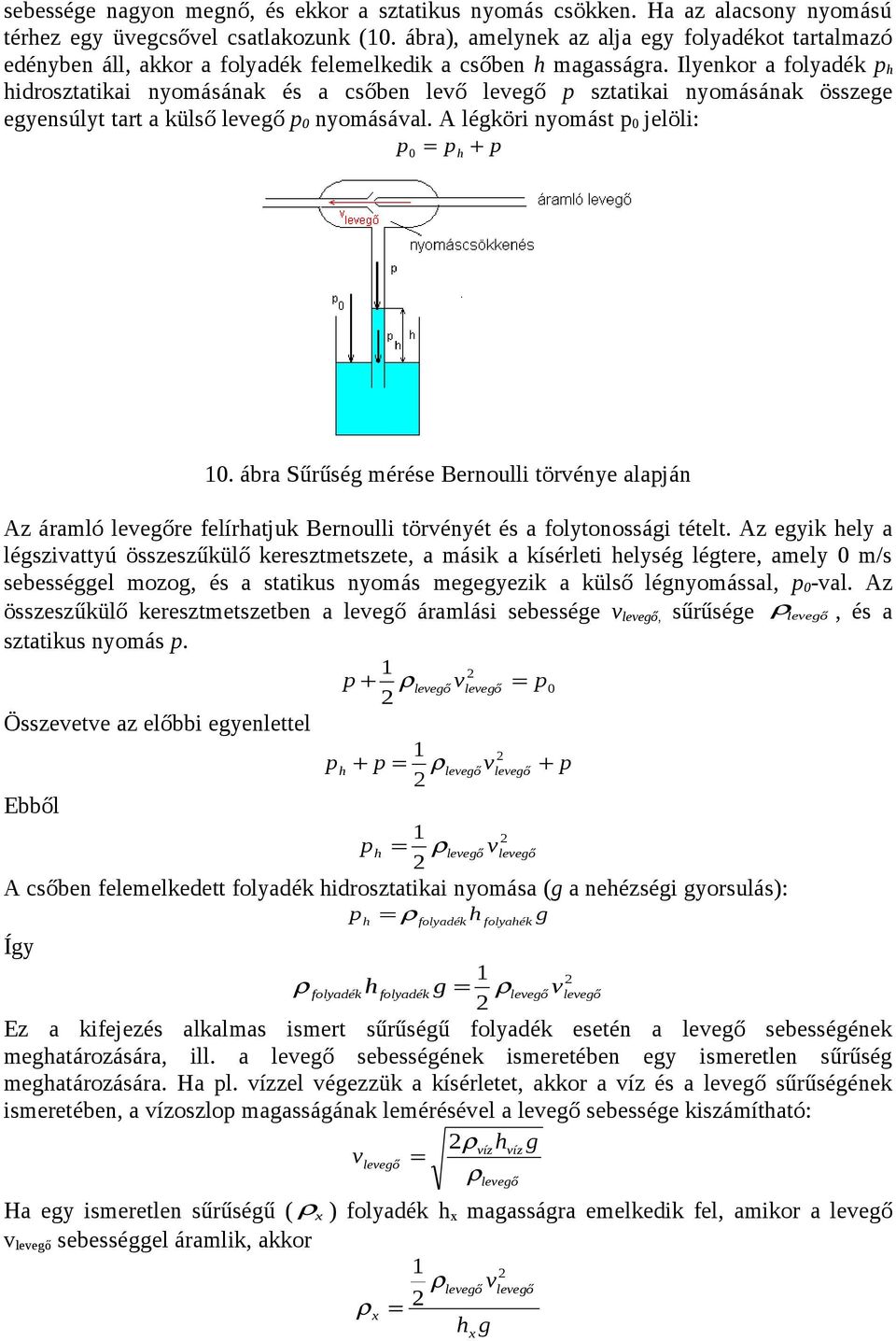 Ilyenkor folydék p h hidroszttiki nyoásánk és csőben levő levegő p szttiki nyoásánk összege egyensúlyt trt külső levegő p 0 nyoásávl. A légköri nyoást p 0 jelöli: p p + h p 0 0.