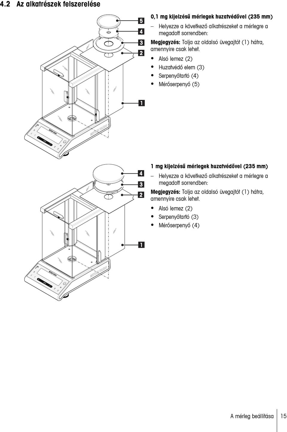 Alsó lemez (2) Huzatvédő elem (3) Serpenyőtartó (4) Mérőserpenyő (5) 1 C 4 3 2 1 mg kijelzésű mérlegek huzatvédővel (235 mm) Helyezze a