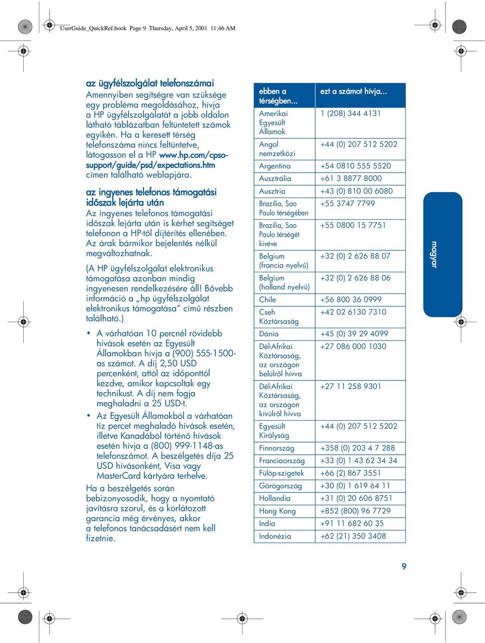 táblázatban feltüntetett számok egyikén. Ha a keresett térség telefonszáma nincs feltüntetve, látogasson el a HP www.hp.com/cpsosupp pport/guide/psd/expectations.htm címen található weblapjára.