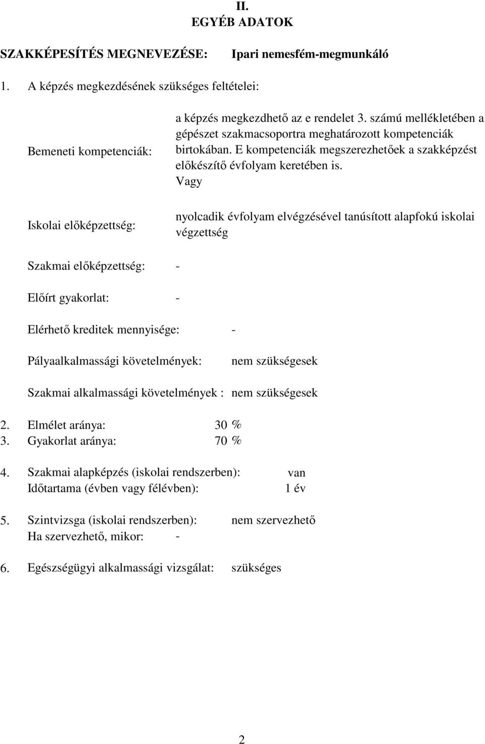 Vagy Iskolai elıképzettség: nyolcadik évfolyam elvégzésével tanúsított alapfokú iskolai végzettség Szakmai elıképzettség: - Elıírt gyakorlat: - Elérhetı kreditek mennyisége: - Pályaalkalmassági