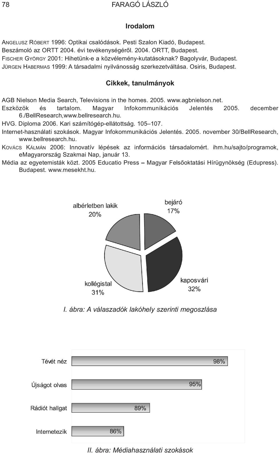 Cikkek, tanulmányok AGB Nielson Media Search, Televisions in the homes. 2005. www.agbnielson.net. Eszközök és tartalom. Magyar Infokommunikációs Jelentés 2005. december 6./BellResearch,www.