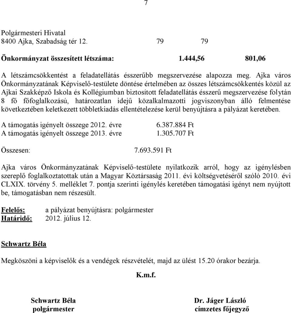 8 fő főfoglalkozású, határozatlan idejű közalkalmazotti jogviszonyban álló felmentése következtében keletkezett többletkiadás ellentételezése kerül benyújtásra a pályázat keretében.