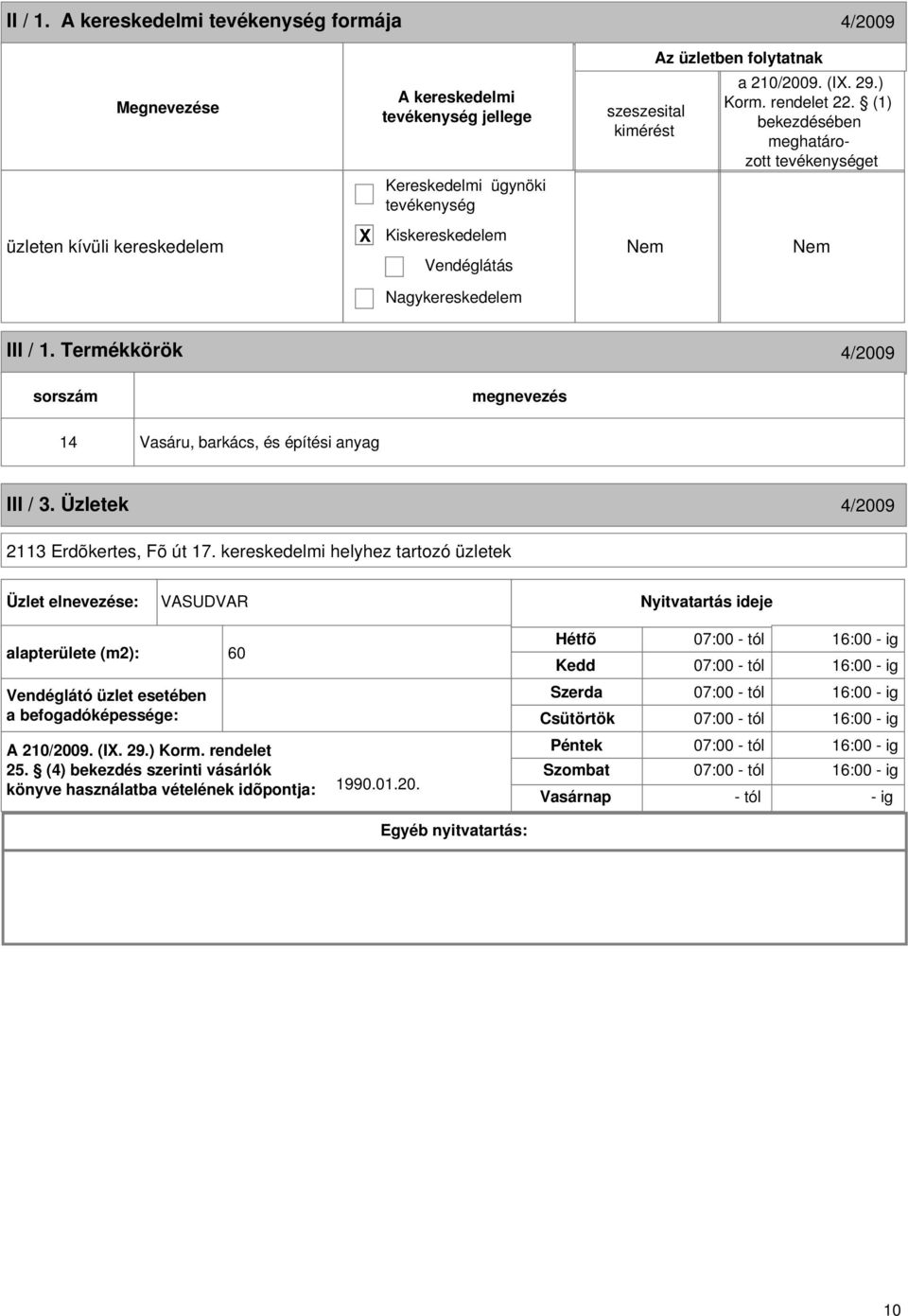 kereskedelmi helyhez tartozó üzletek Üzlet elnevezése: VASUDVAR Nyitvatartás ideje alapterülete (m2): 60 Vendéglátó üzlet esetében a befogadóképessége: A 210/2009. (I. 29.