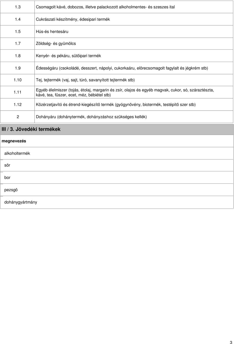 12 Édességáru (csokoládé, desszert, nápolyi, cukorkaáru, elõrecsomagolt fagylalt és jégkrém stb) Tej, tejtermék (vaj, sajt, túró, savanyított tejtermék stb) Egyéb élelmiszer (tojás,