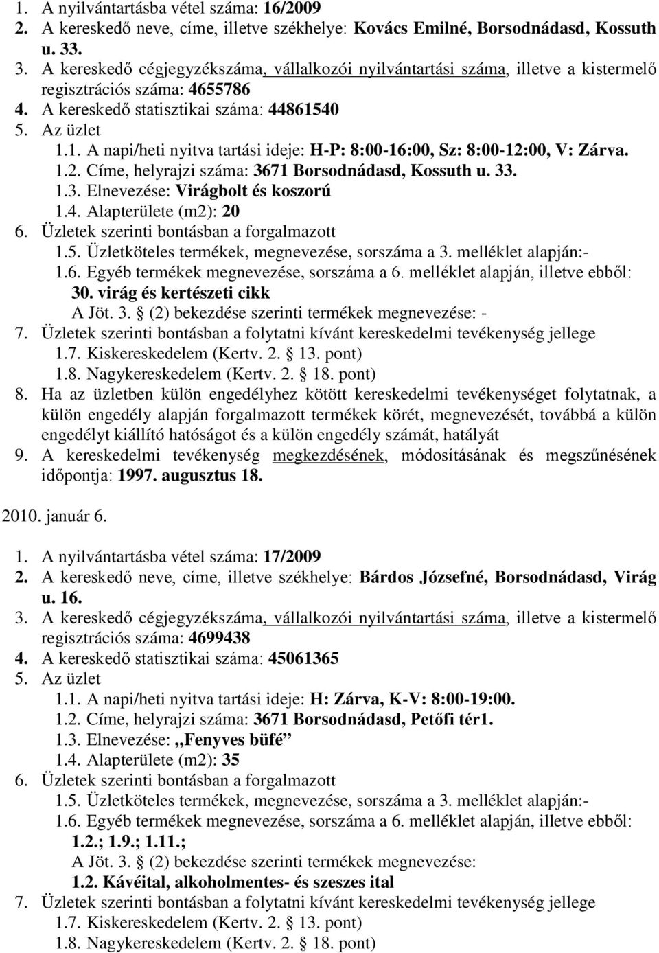 4. Alapterülete (m2): 20-30. virág és kertészeti cikk A Jöt. 3. (2) bekezdése szerinti termékek megnevezése: - időpontja: 1997. augusztus 18. 2010. január 6. 1. A nyilvántartásba vétel száma: 17/2009 2.