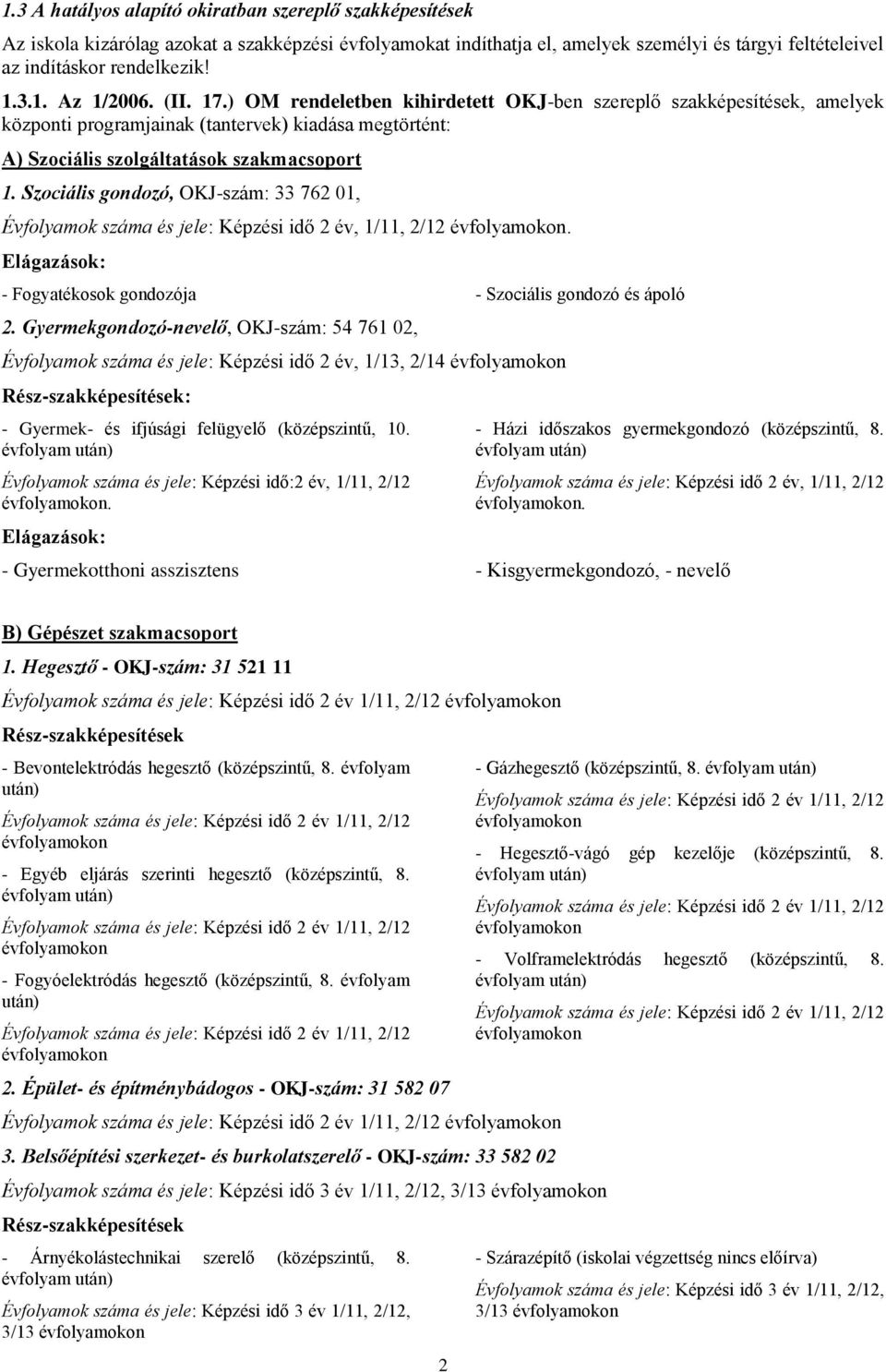 Szociális gondozó, OKJ-szám: 33 762 01,,. : - Fogyatékosok gondozója - Szociális gondozó és ápoló 2.