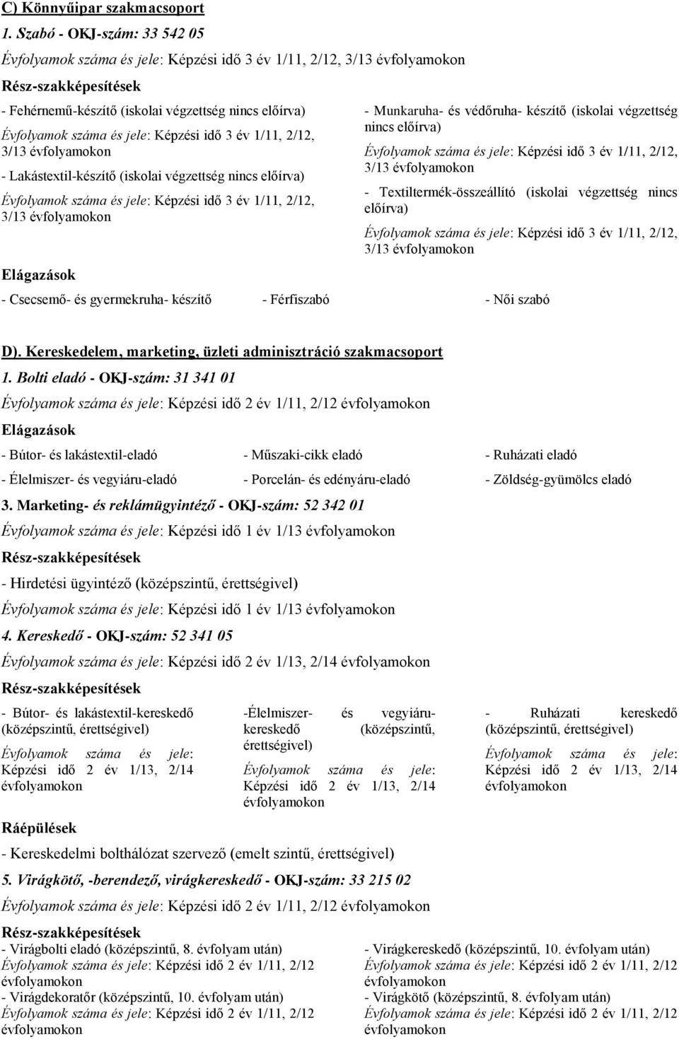 (iskolai 3/13 - Csecsemő- és gyermekruha- készítő - Férfiszabó - Női szabó D). Kereskedelem, marketing, üzleti adminisztráció szakmacsoport 1.