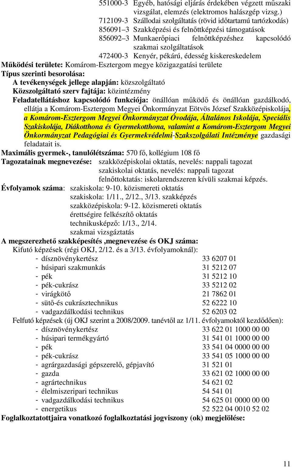 Kenyér, pékárú, édesség kiskereskedelem Mőködési területe: Komárom-Esztergom megye közigazgatási területe Típus szerinti besorolása: A tevékenységek jellege alapján: közszolgáltató Közszolgáltató