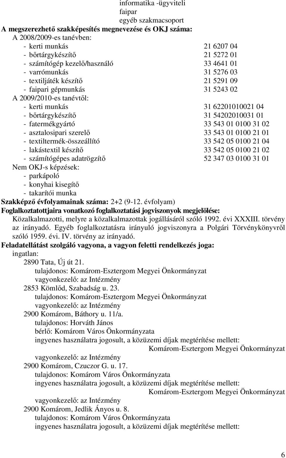 54202010031 01 - fatermékgyártó 33 543 01 0100 31 02 - asztalosipari szerelı 33 543 01 0100 21 01 - textiltermék-összeállító 33 542 05 0100 21 04 - lakástextil készítı 33 542 05 0100 21 02 -