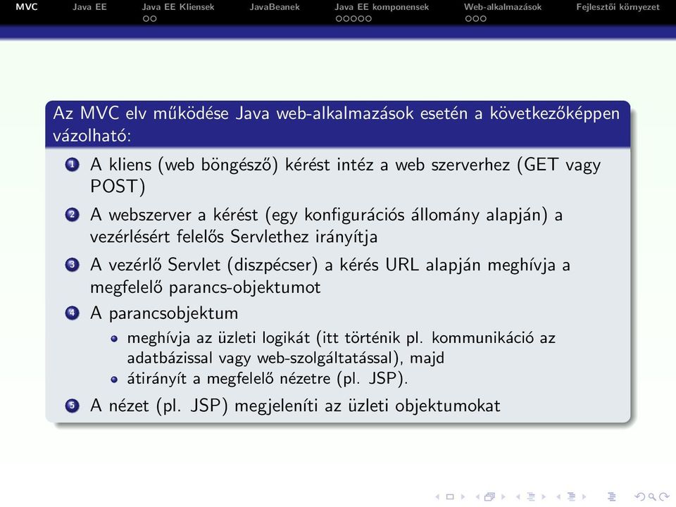 (diszpécser) a kérés URL alapján meghívja a megfelelő parancs-objektumot 4 A parancsobjektum meghívja az üzleti logikát (itt történik pl.