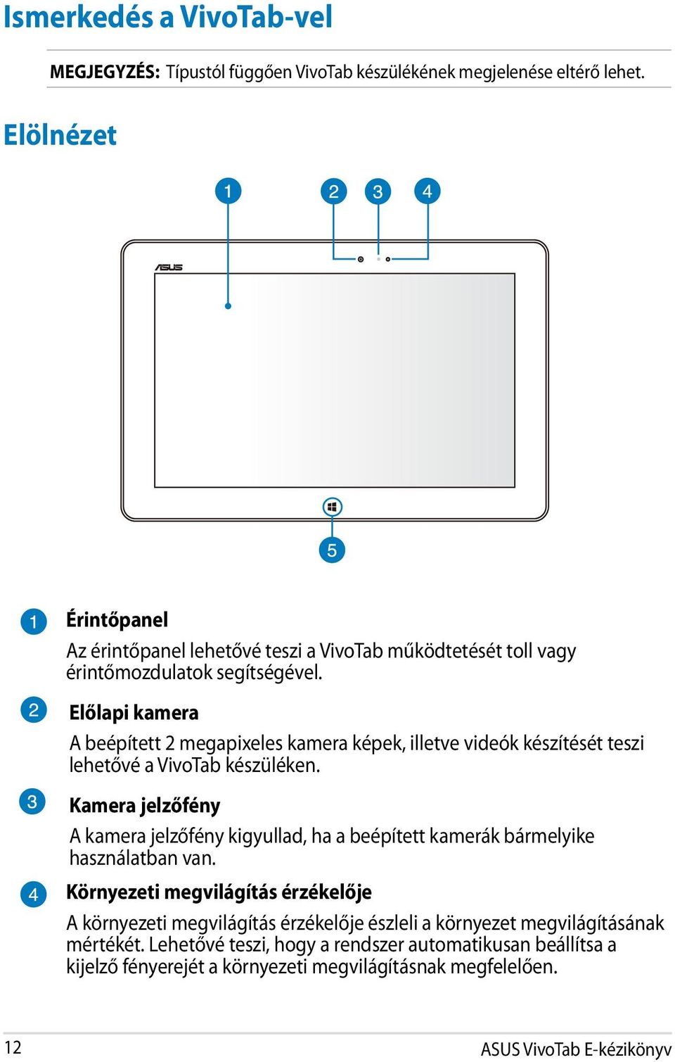 Előlapi kamera A beépített 2 megapixeles kamera képek, illetve videók készítését teszi lehetővé a VivoTab készüléken.