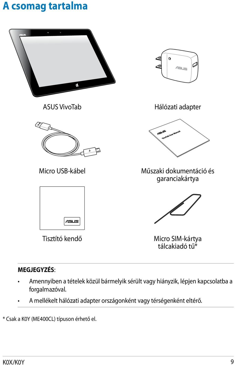 tételek közül bármelyik sérült vagy hiányzik, lépjen kapcsolatba a forgalmazóval.