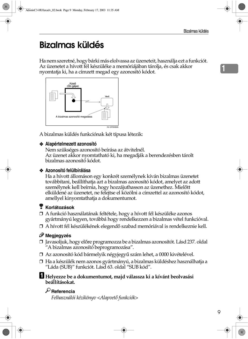 1 A bizalmas küldés funkciónak két típusa létezik: Alapértelmezett azonosító Nem szükséges azonosító beírása az átvitelnél.