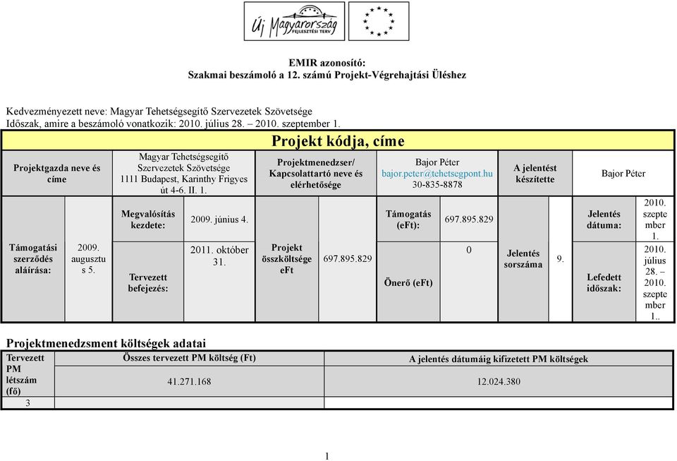 június 4. 2011. október 31. Projekt kódja, címe Projektmenedzser/ Kapcsolattartó neve és elérhetősége Projekt összköltsége eft 697.895.829 Bajor Péter bajor.peter@tehetsegpont.