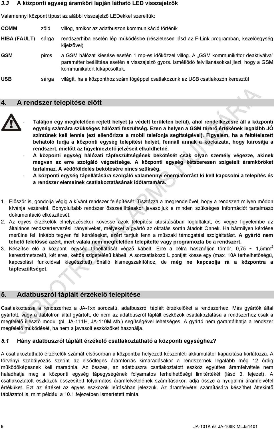 A GSM kommunikátor deaktiválva paraméter beállítása esetén a visszajelző gyors. ismétlődő felvillanásokkal jlezi, hogy a GSM kommunikátort kikapcsoltuk.