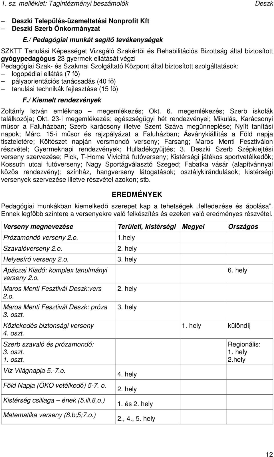 Szakmai Szolgáltató Központ által biztosított szolgáltatások: logopédiai ellátás (7 fı) pályaorientációs tanácsadás (40 fı) tanulási technikák fejlesztése (15 fı) F.