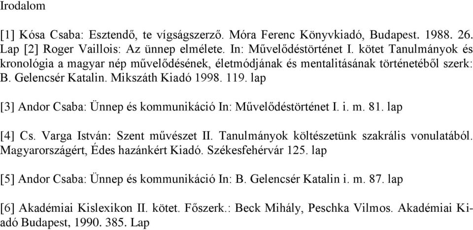 lap [3] Andor Csaba: Ünnep és kommunikáció In: Művelődéstörténet I. i. m. 81. lap [4] Cs. Varga István: Szent művészet II. Tanulmányok költészetünk szakrális vonulatából.