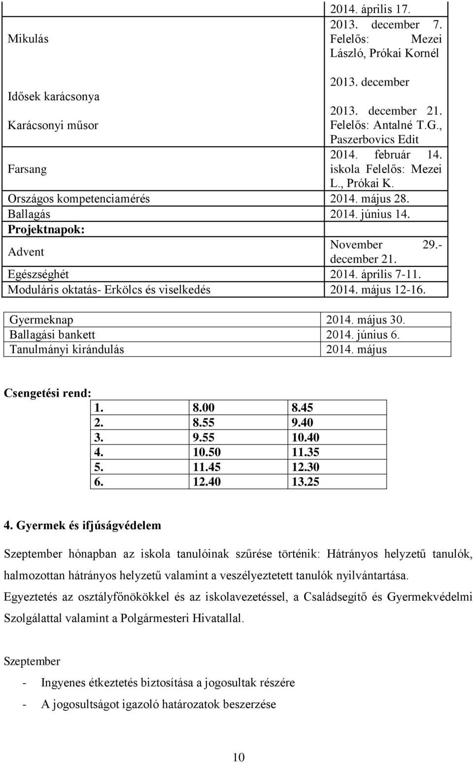 Egészséghét 2014. április 7-11. Moduláris oktatás- Erkölcs és viselkedés 2014. május 12-16. Gyermeknap 2014. május 30. Ballagási bankett 2014. június 6. Tanulmányi kirándulás 2014.