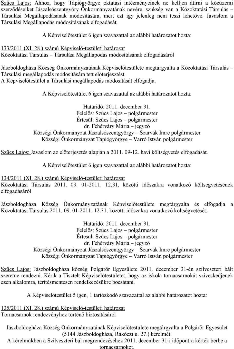 ) számú Képviselő-testületi határozat Közoktatási Társulás Társulási Megállapodás módosításának elfogadásáról Jászboldogháza Község Önkormányzatának Képviselőtestülete megtárgyalta a Közoktatási