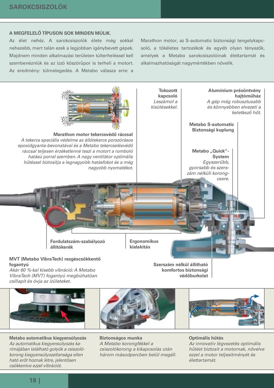 A Metabo válasza erre: a Marathon motor, az S-automatic biztonsági tengelykapcsoló, a tökéletes tartozékok és egyéb olyan tényezők, amelyek a Metabo sarokcsiszolóinak élettartamát és