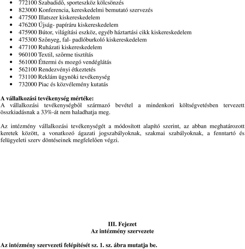Rendezvényi étkeztetés 731100 Reklám ügynöki tevékenység 732000 Piac és közvélemény kutatás A vállalkozási tevékenység mértéke: A vállalkozási tevékenységből származó bevétel a mindenkori