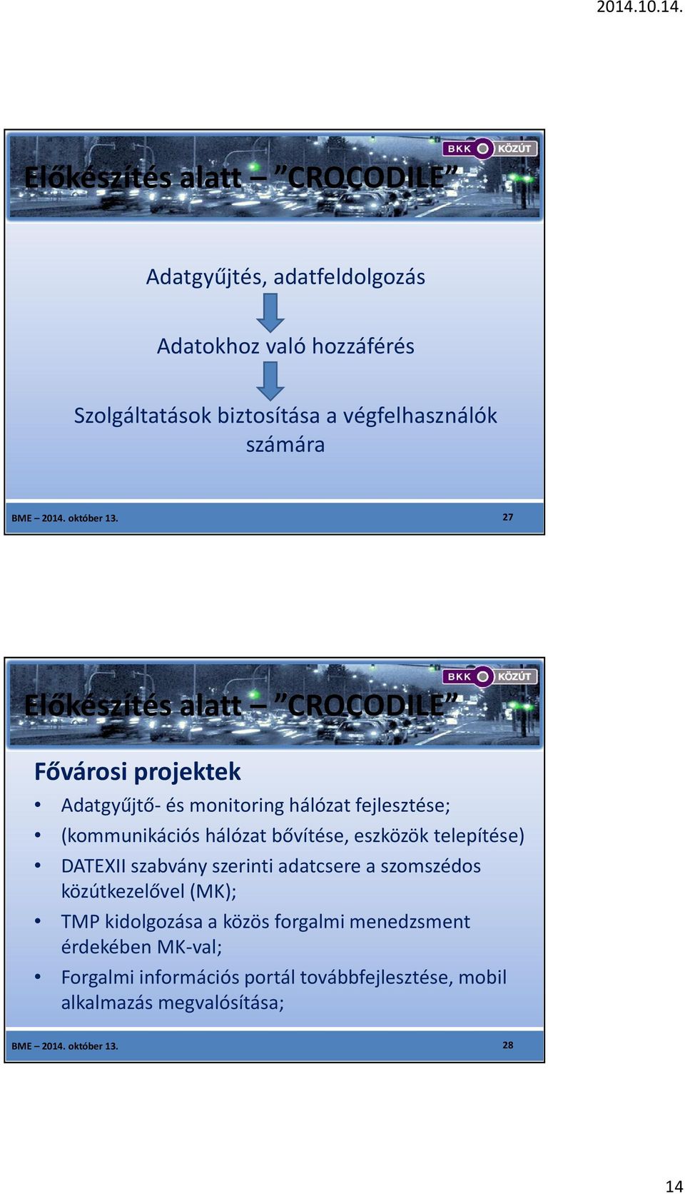 27 Előkészítés alatt CROCODILE Fővárosi projektek Adatgyűjtő- és monitoring hálózat fejlesztése; (kommunikációs hálózat bővítése,