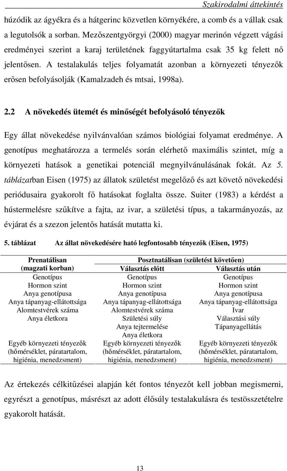 A testalakulás teljes folyamatát azonban a környezeti tényezık erısen befolyásolják (Kamalzadeh és mtsai, 1998a). 2.