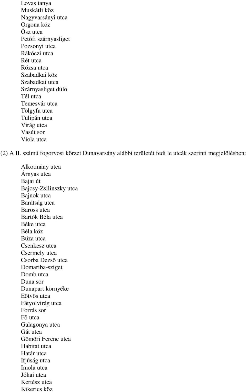 számú fogorvosi körzet Dunavarsány alábbi területét fedi le utcák szerinti megjelölésben: Alkotmány utca Árnyas utca Bajai út Bajcsy-Zsilinszky utca Bajnok utca Barátság utca Baross utca Bartók