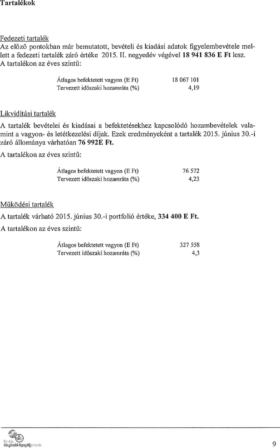 hozambevételek vala mint a vagyon- és letétkezelési díjak. Ezek eredményeként a tartalék 2015. június 30.-i záró állománya várhatóan 76 992E Ft.